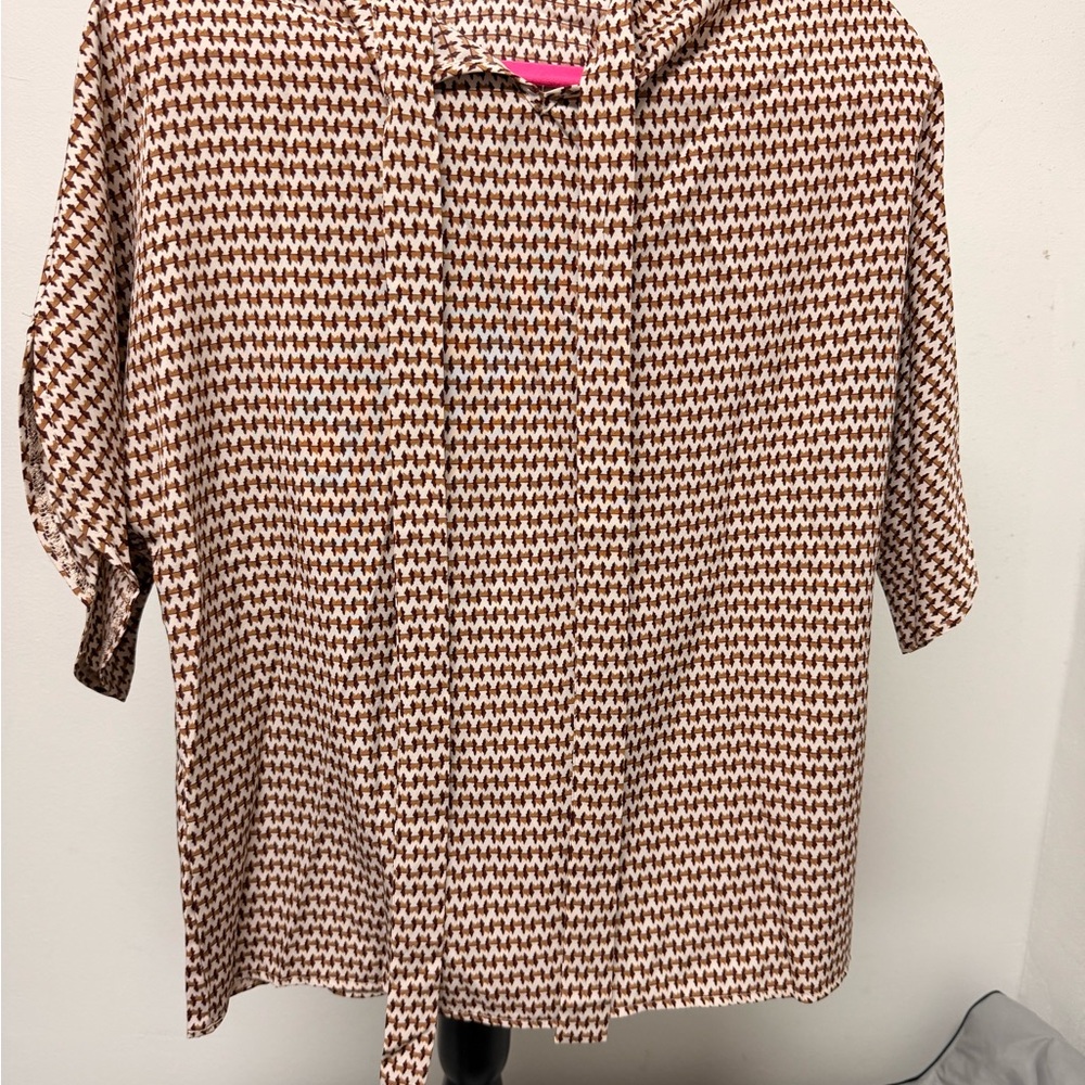 Women's Geometric Brown & Cream  Retro Short-Sleeve Top Tie Neck